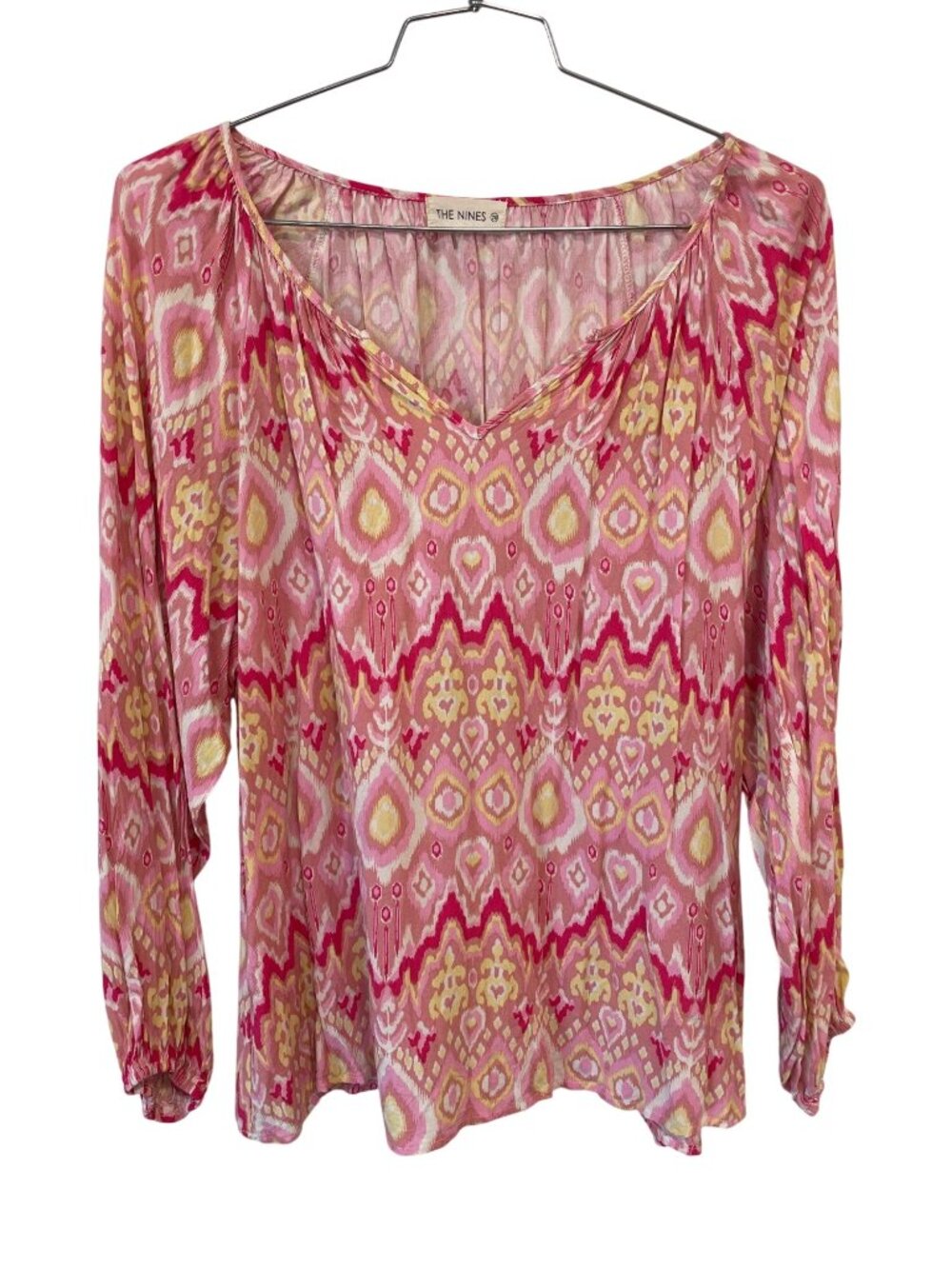 The Nines Peasant Top Plus Size 2X V-Neck Ikat Print Long Sleeve Blouse Bohemian